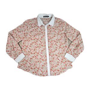 Allegra K Floral Button Down Blouse Women’s L Pink White Long Sleeve Collared
